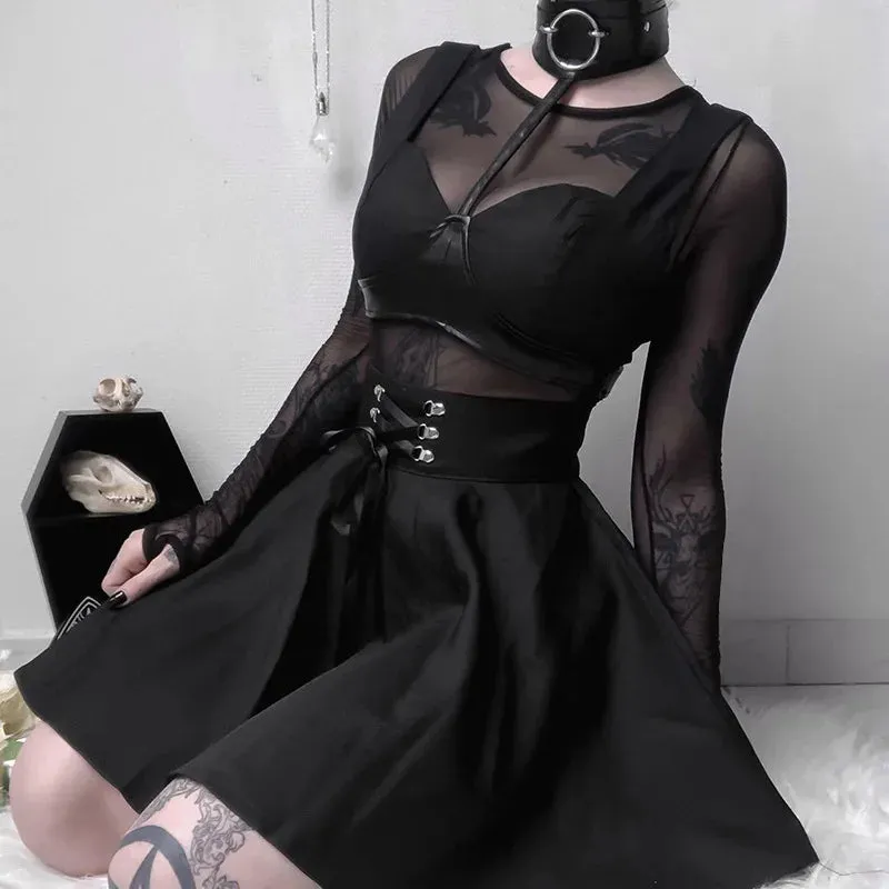 مجموعة اروين arwen&ajh group 2024  Gothic Black Skirt Japanese-Style Hipster Black  Bubble Women's Lace-up Back Zip  Girl's Pleated Mini Skirt