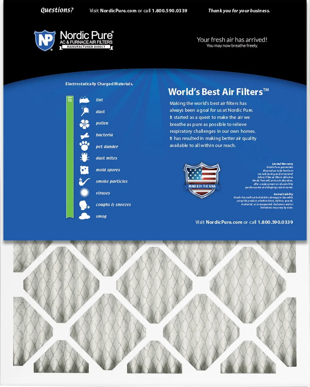 16x25x1 (15_1/2x24_1/2) Pleated MERV 13 Air Filters 6 Pack