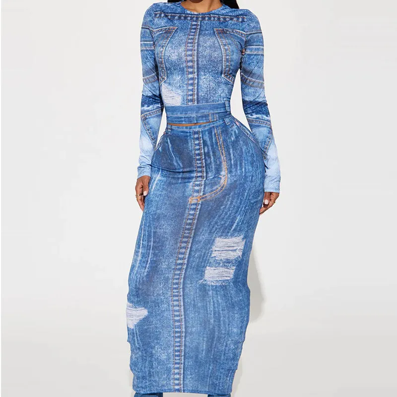 2024 Autumn New Two-Piece Denim Print Round Neck Long Sleeve Top Slim Fit Bodycon Long Skirt Suit