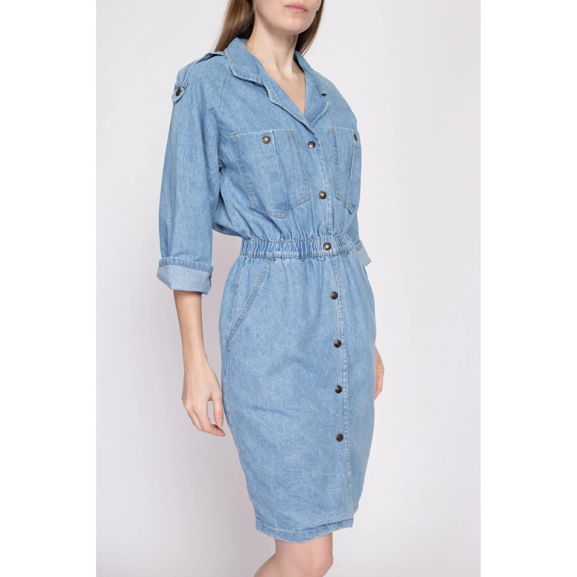 80s Denim Snap Front Mini Dress - Small to Medium