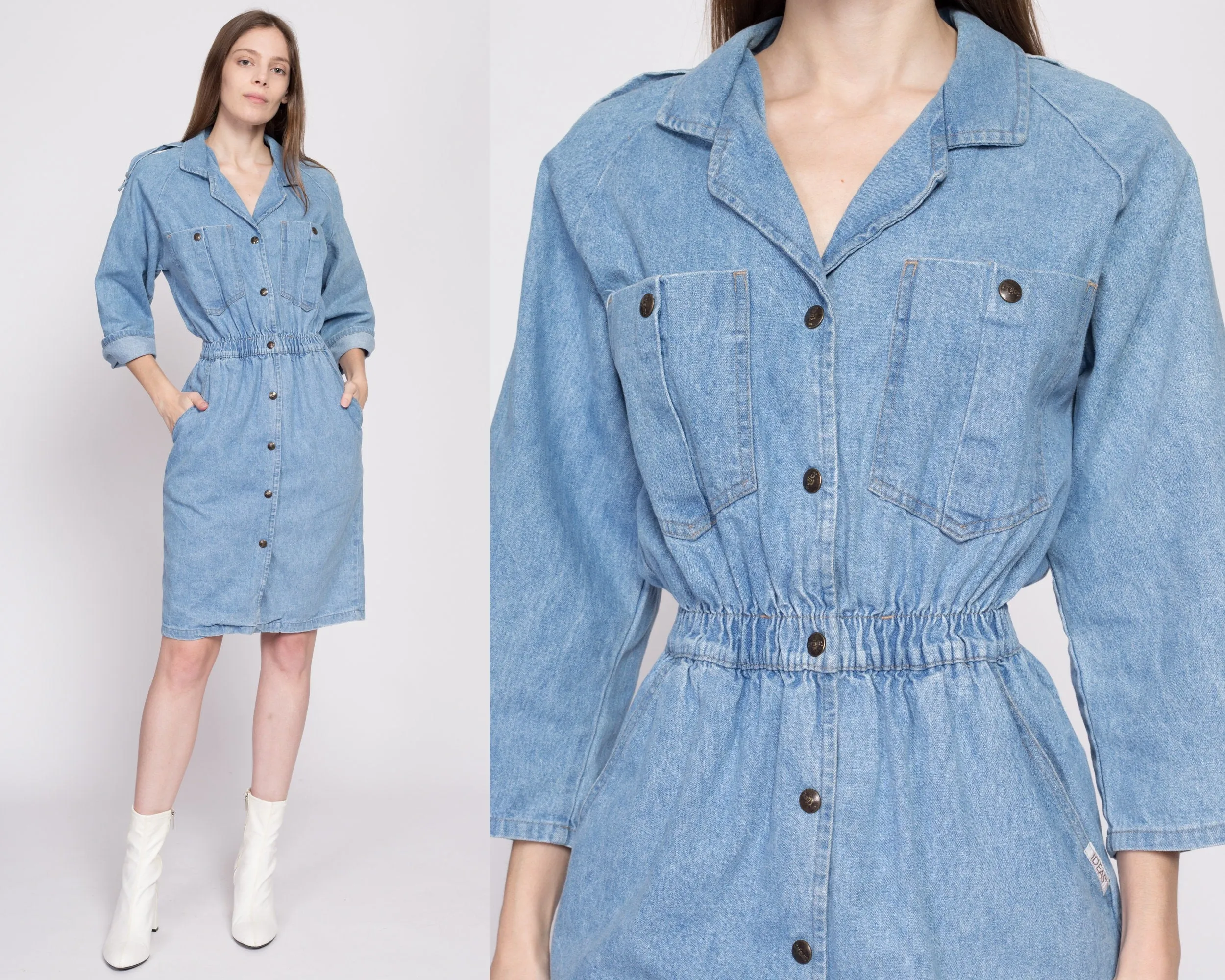 80s Denim Snap Front Mini Dress - Small to Medium