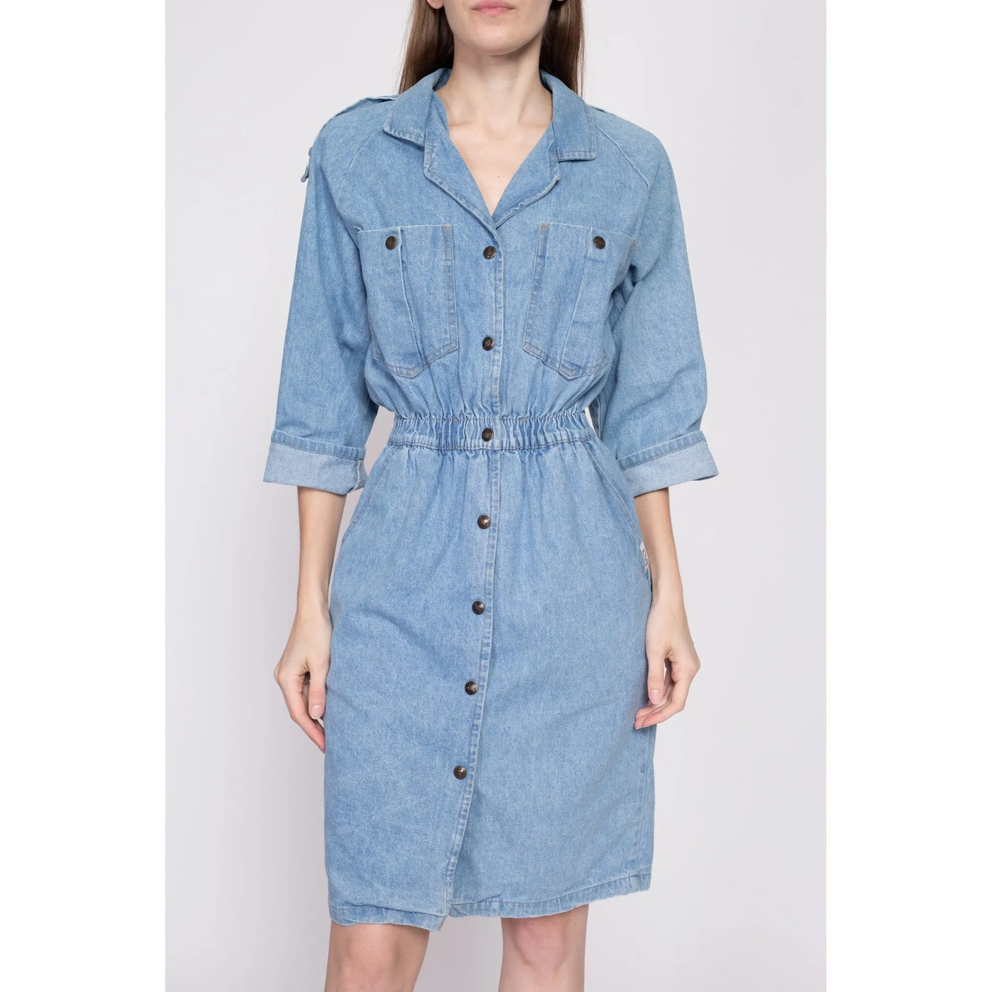 80s Denim Snap Front Mini Dress - Small to Medium