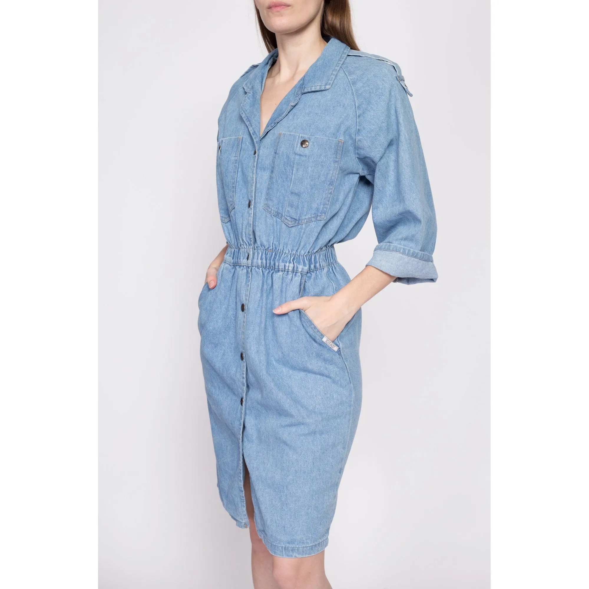 80s Denim Snap Front Mini Dress - Small to Medium