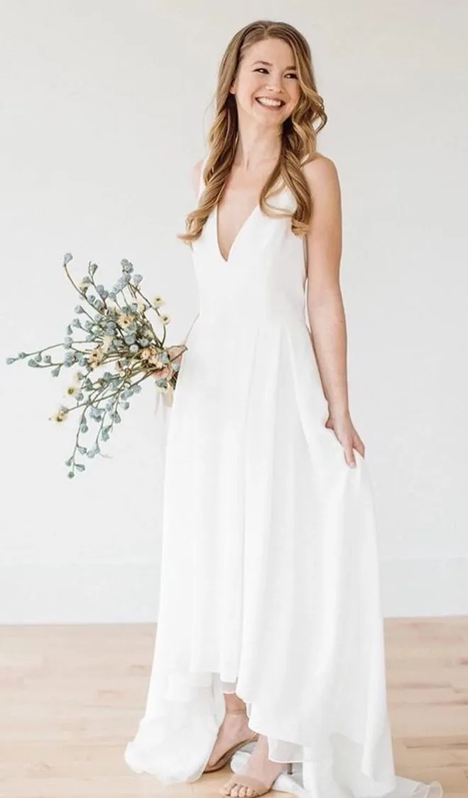 A line High Low V-neckline Informal Wedding Dress