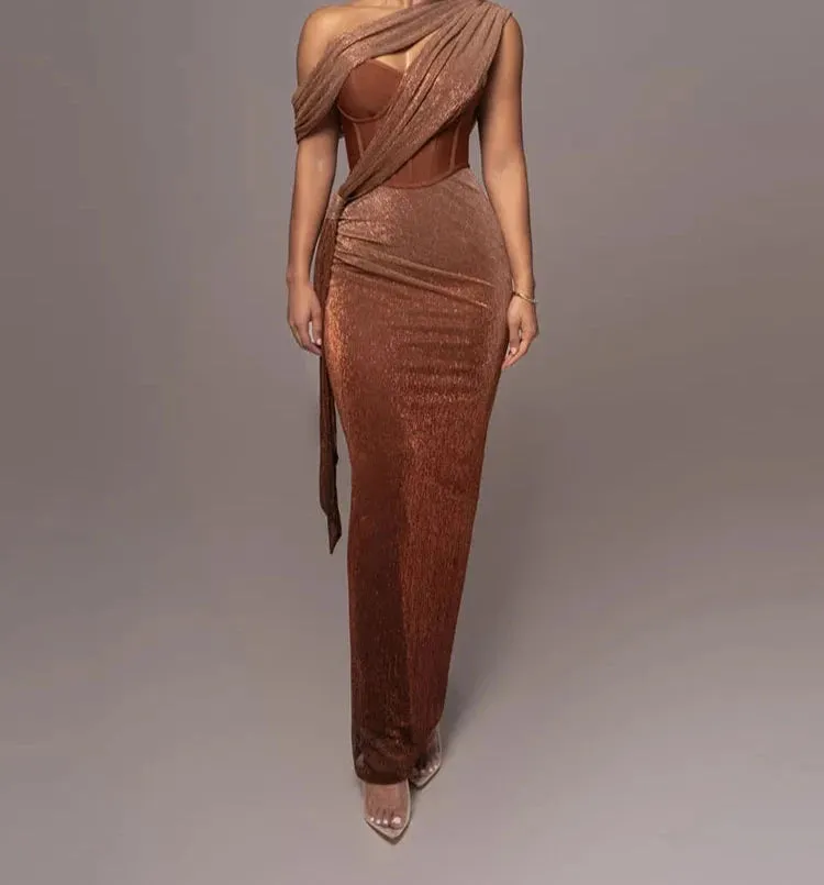 A&A Luxe One Shoulder Draped Sparkle Maxi Corset Dress