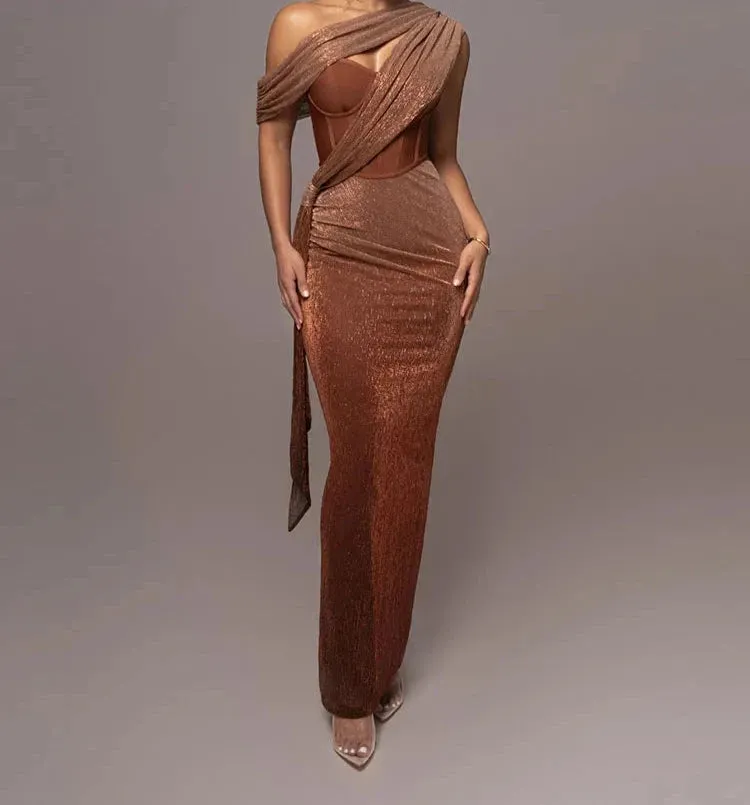 A&A Luxe One Shoulder Draped Sparkle Maxi Corset Dress