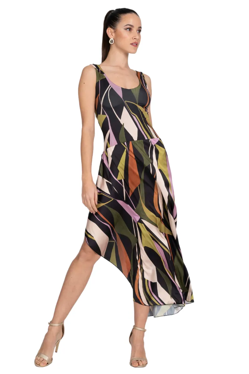 Abstract Print Tie Keyhole Back Tango Dress With Side Draping