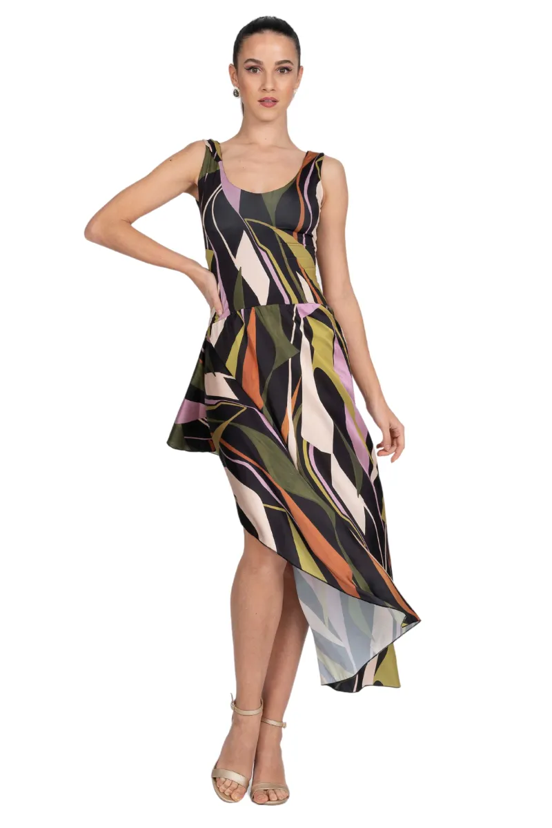 Abstract Print Tie Keyhole Back Tango Dress With Side Draping