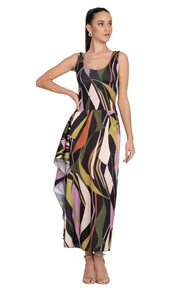 Abstract Print Tie Keyhole Back Tango Dress With Side Draping