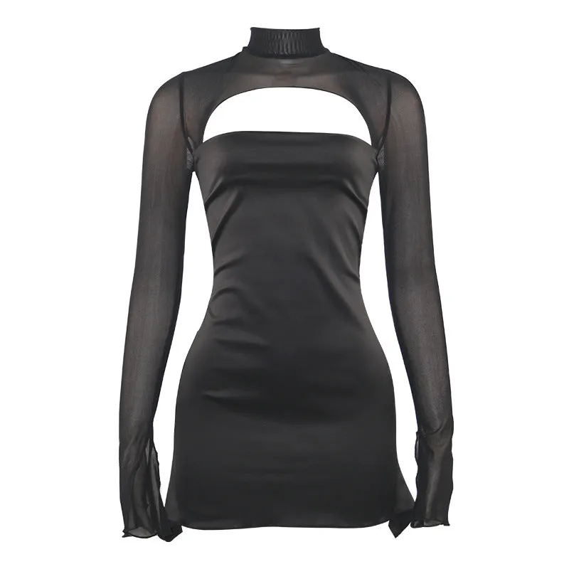 Advbridge concert outfit ideas Autumn New Pure Color Mesh Stitching round Neck Long Sleeve Sexy Slim Fit Dress