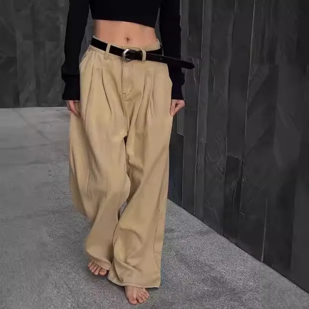 Advbridge olivia rodrigo costume Khaki Pleated Design Wide-Leg Jeans for Women 2024 New Korean Style High Waist Loose All-Match Denim Pants