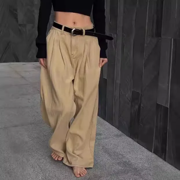 Advbridge olivia rodrigo costume Khaki Pleated Design Wide-Leg Jeans for Women 2024 New Korean Style High Waist Loose All-Match Denim Pants