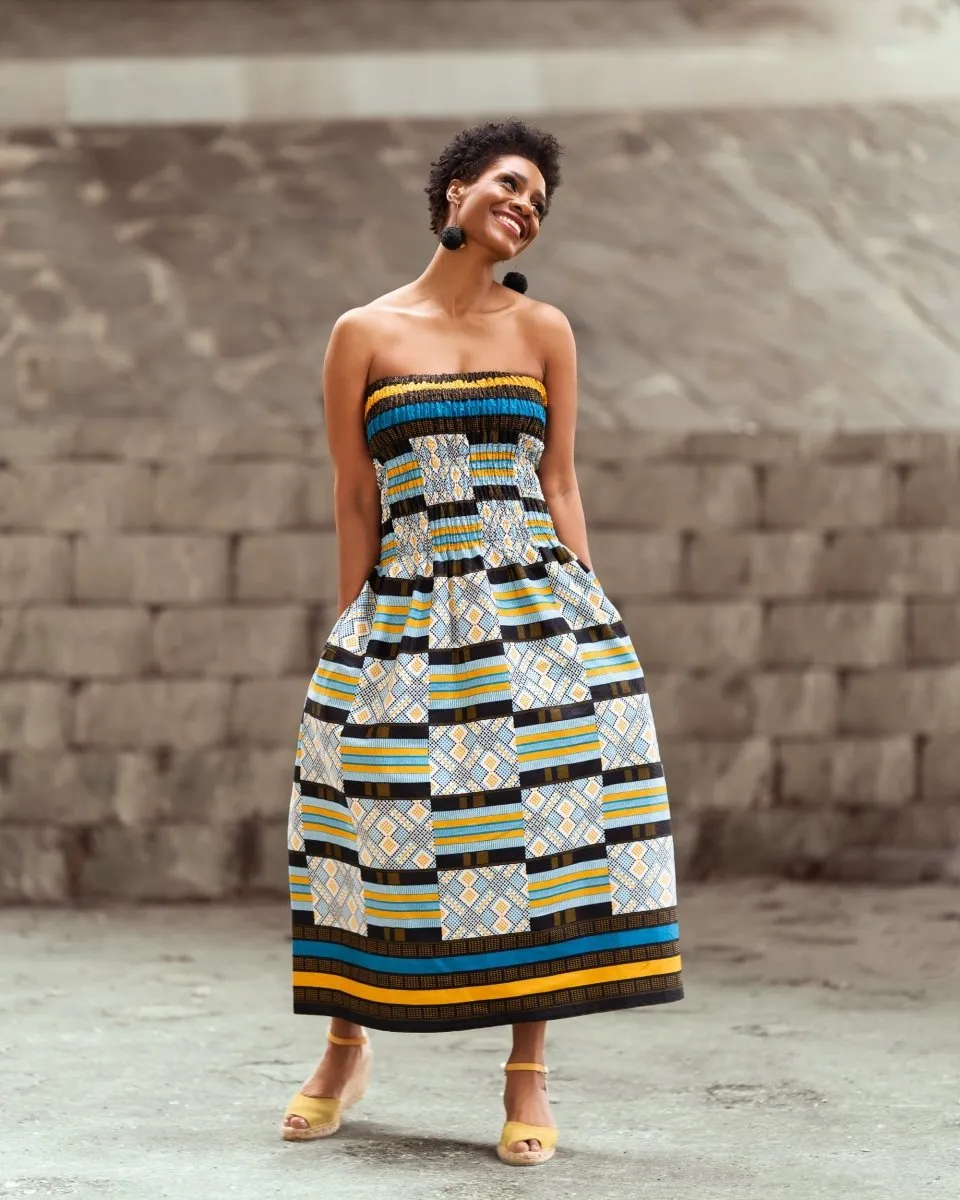 African Dress in Electric Blue Kente