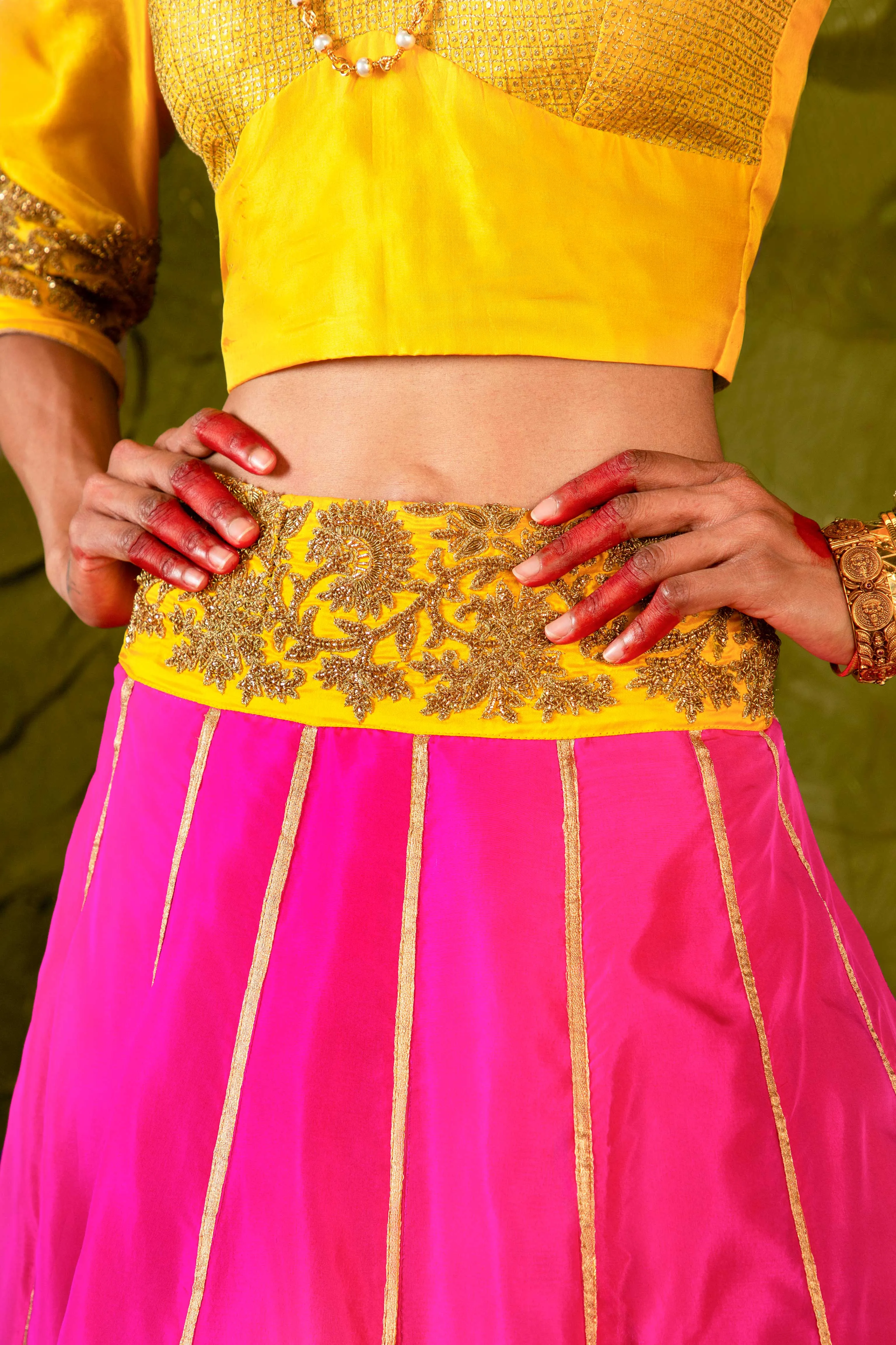 Akka (ಅಕ್ಕ) Lehenga in Dandelion Yellow and Shocking Pink