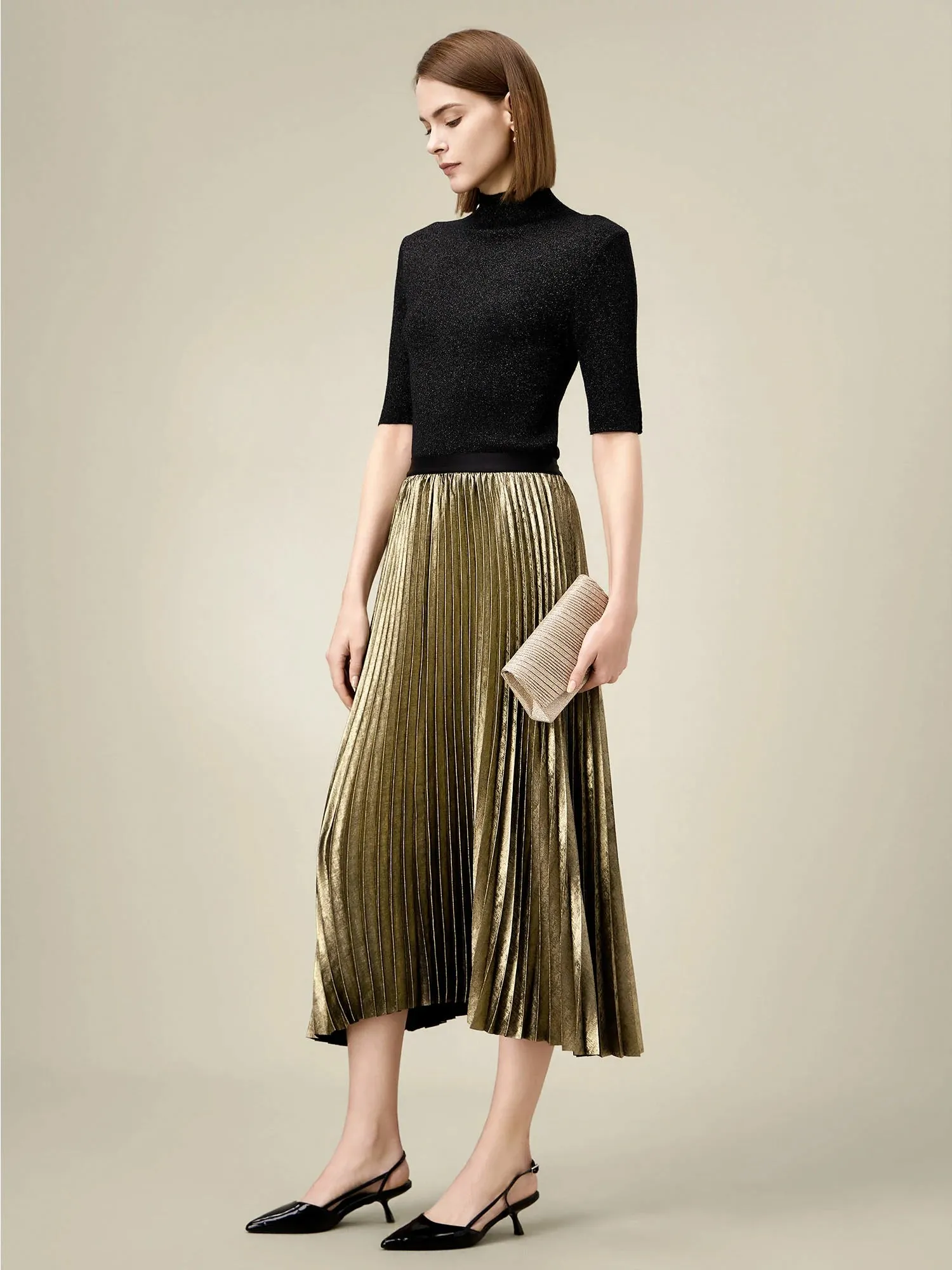 Amoretu Elastic Waist Satin Pleated A-Line Skirt