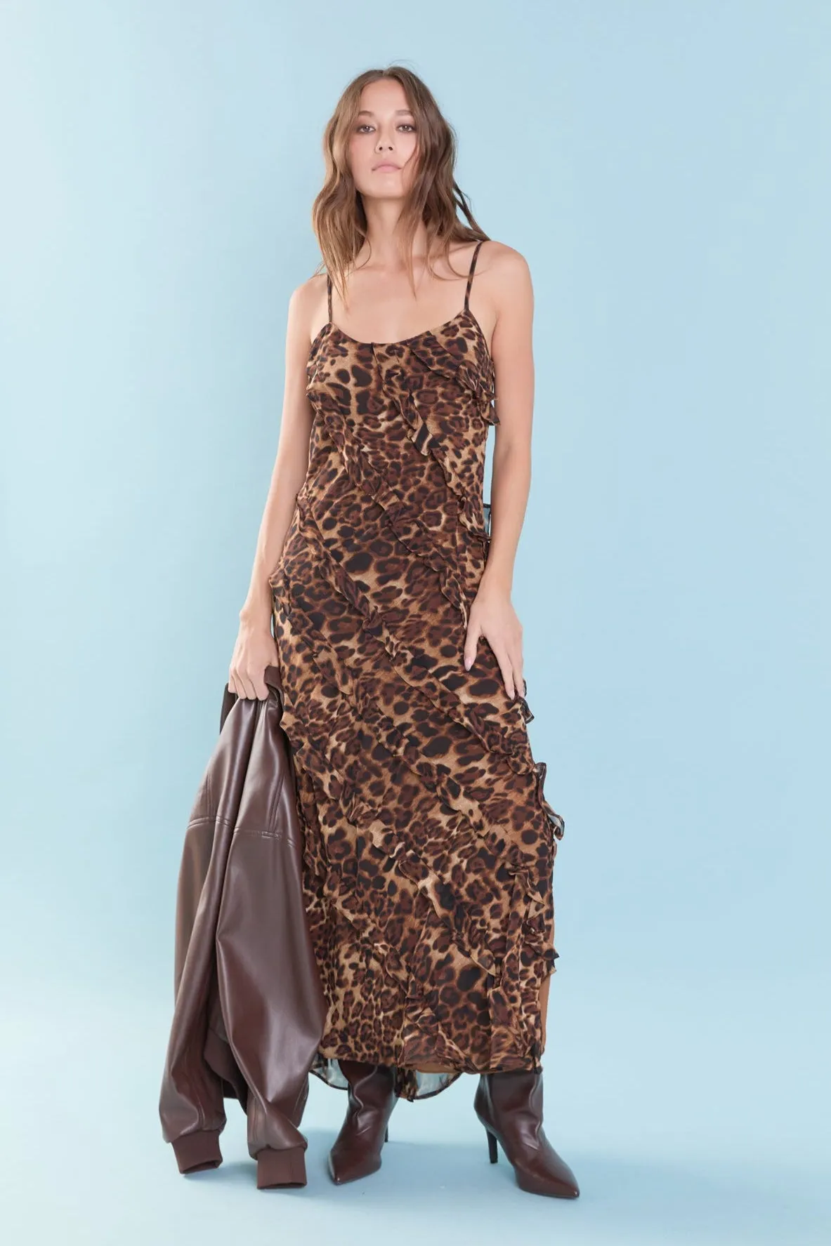 Animal Print Ruffled Slip Maxi Dress