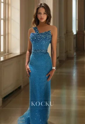 Asymmetrical One Shoulder Sheath Sleeveless Sweep Train Lace Prom Dress with Beads Party Gowns