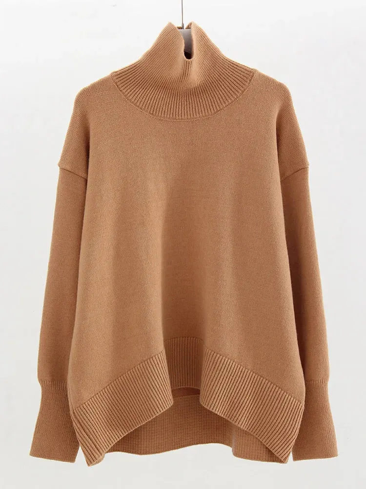 Autumn and Winter Oversized Turtleneck Sweaters - Women's Warm Coffee Pullover Jumper for Christmas