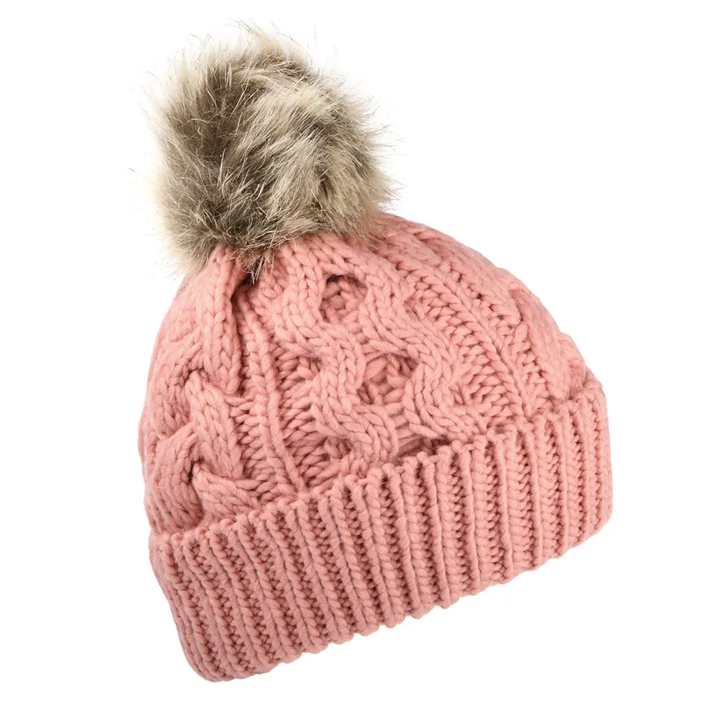 Barbour Hats Penshaw Cable Knit Faux Fur Pom Bobble Hat - Pink