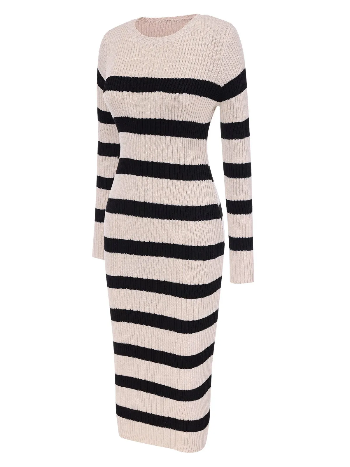 Beige 1960s Stripe Knit Bodycon Dress