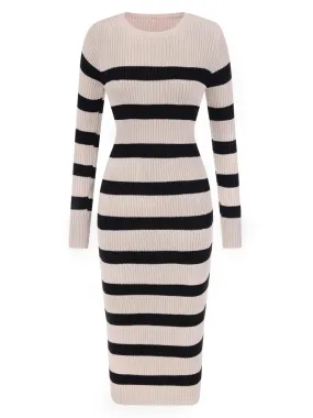 Beige 1960s Stripe Knit Bodycon Dress