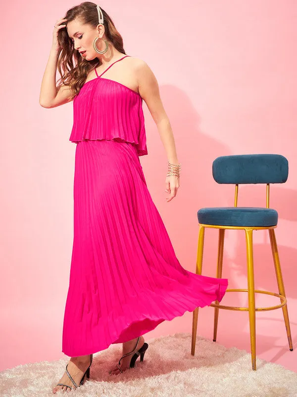 Berrylush Women Solid Pink Halter Neck Sleeveless Pleated Crop Top & Slip-On Maxi Skirt Co-Ord Set