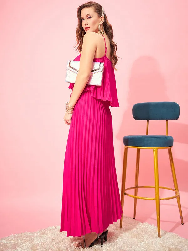 Berrylush Women Solid Pink Halter Neck Sleeveless Pleated Crop Top & Slip-On Maxi Skirt Co-Ord Set