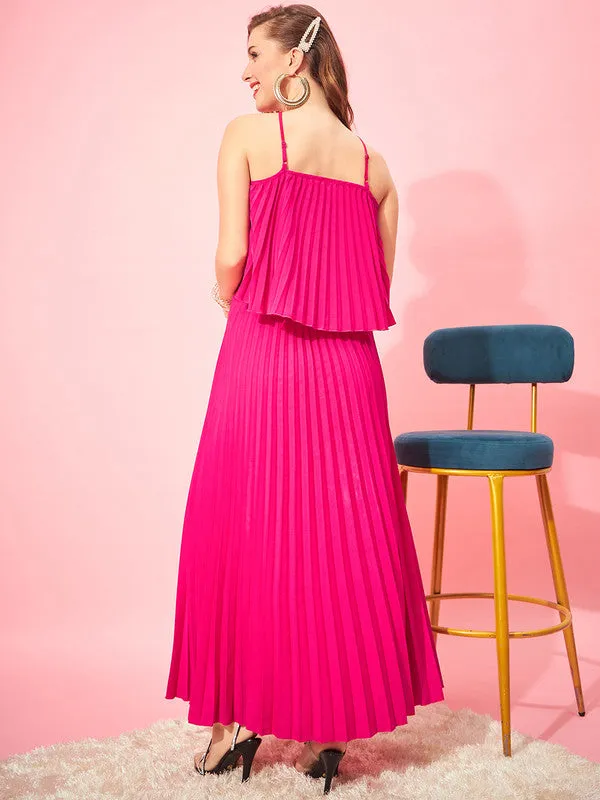 Berrylush Women Solid Pink Halter Neck Sleeveless Pleated Crop Top & Slip-On Maxi Skirt Co-Ord Set