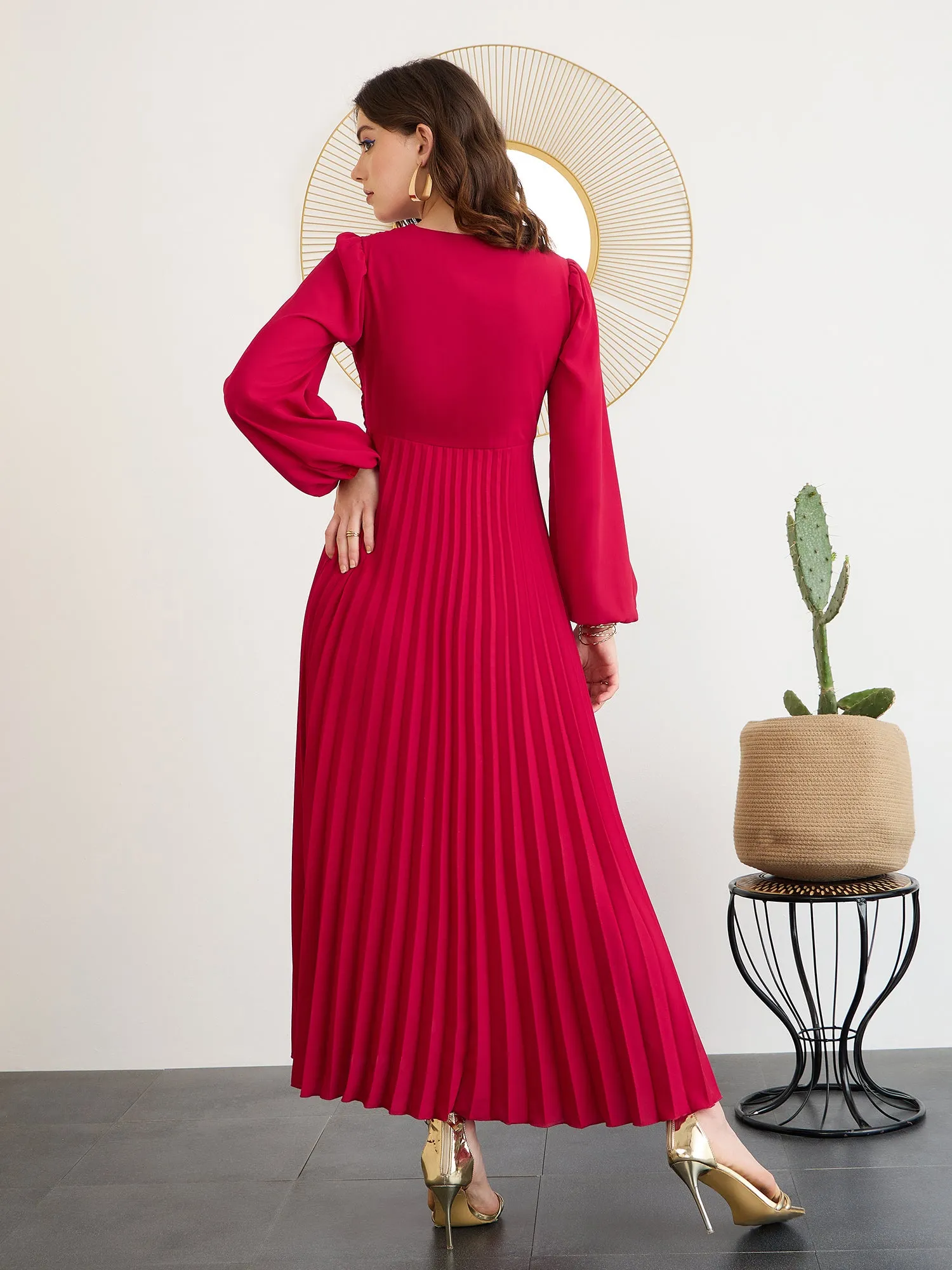 Berrylush Women Solid Red V-Neck Puff Sleeves Pleated Empire Maxi Dress