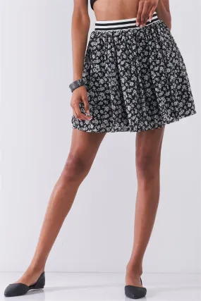 Black & White Floral Print Sporty Striped Elasticized High Waistband Detail Flare Mini Skirt /1-2-2-1