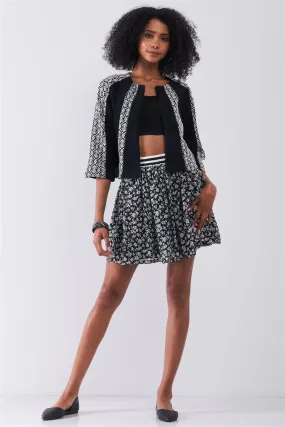 Black & White Floral Print Sporty Striped Elasticized High Waistband Detail Flare Mini Skirt /2-2-1