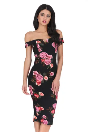 Black Notch Front Off The Shoulder Floral Midi Dress