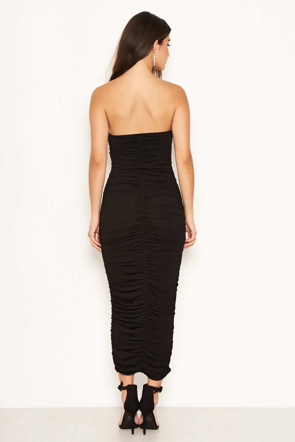 Black Strapless Ruched Bodycon Midi Dress