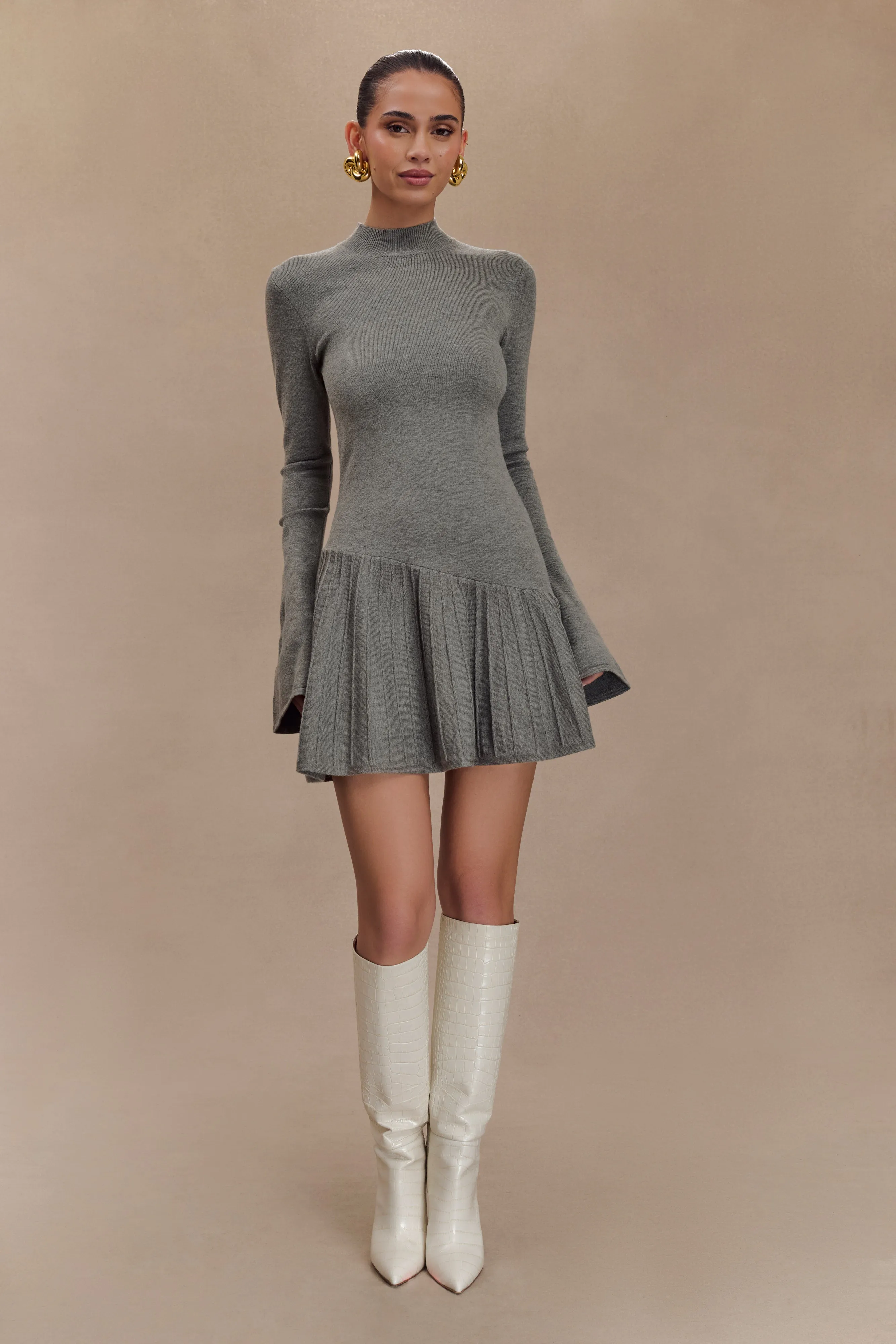 Blair Knit Mini Dress With Pleats - Charcoal