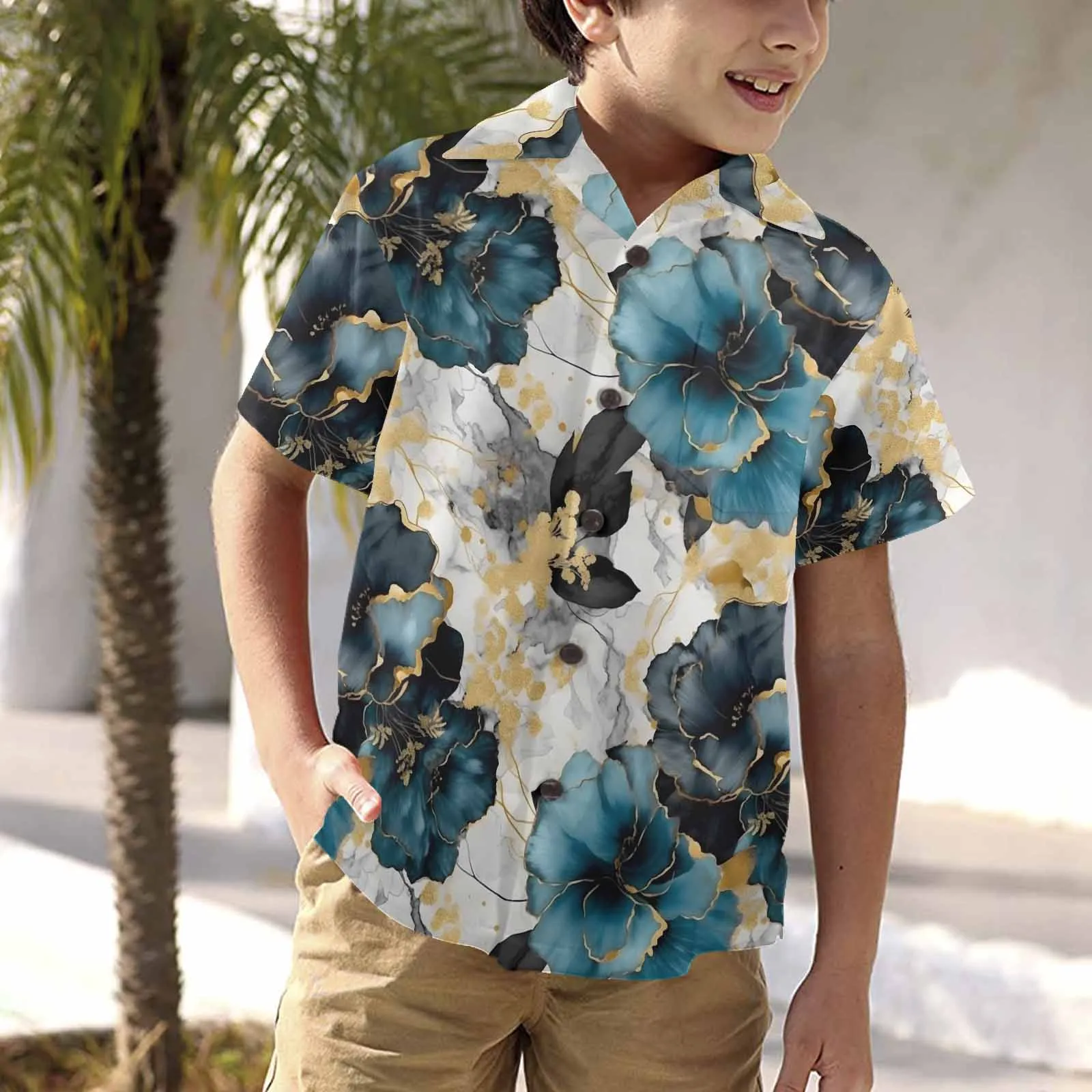 Blue & Gold Ink Floral  Little Boys Hawaiian Shirt