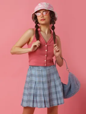 Blue Checked Pleated Skirt