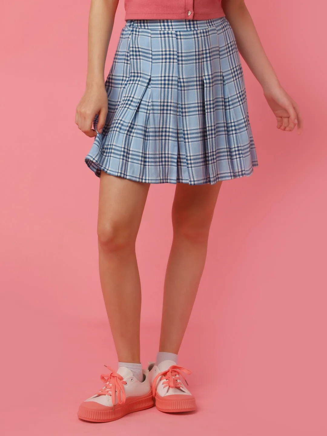 Blue Checked Pleated Skirt