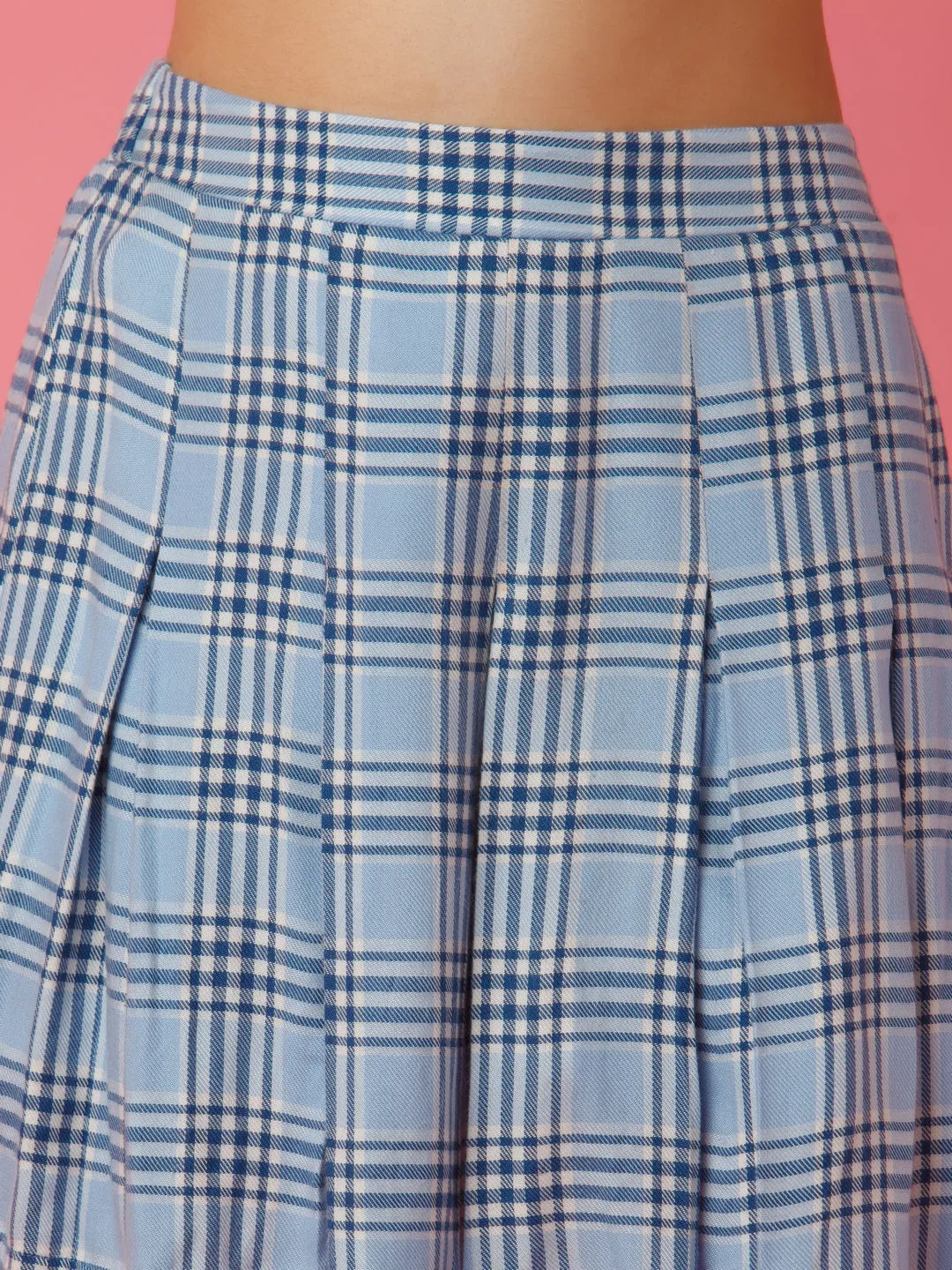 Blue Checked Pleated Skirt