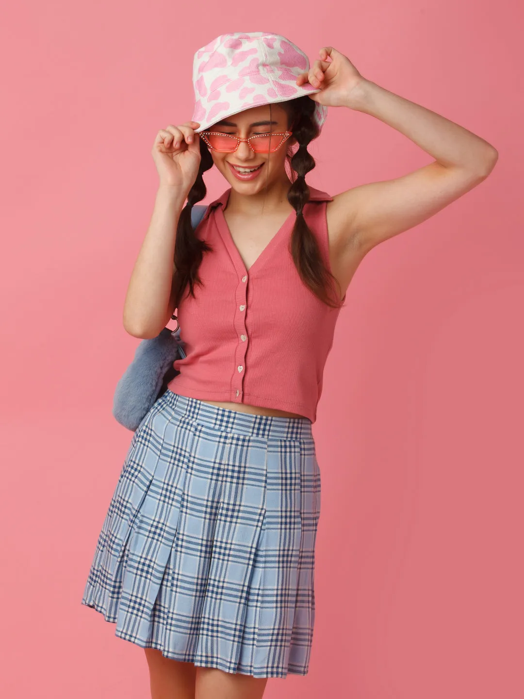 Blue Checked Pleated Skirt