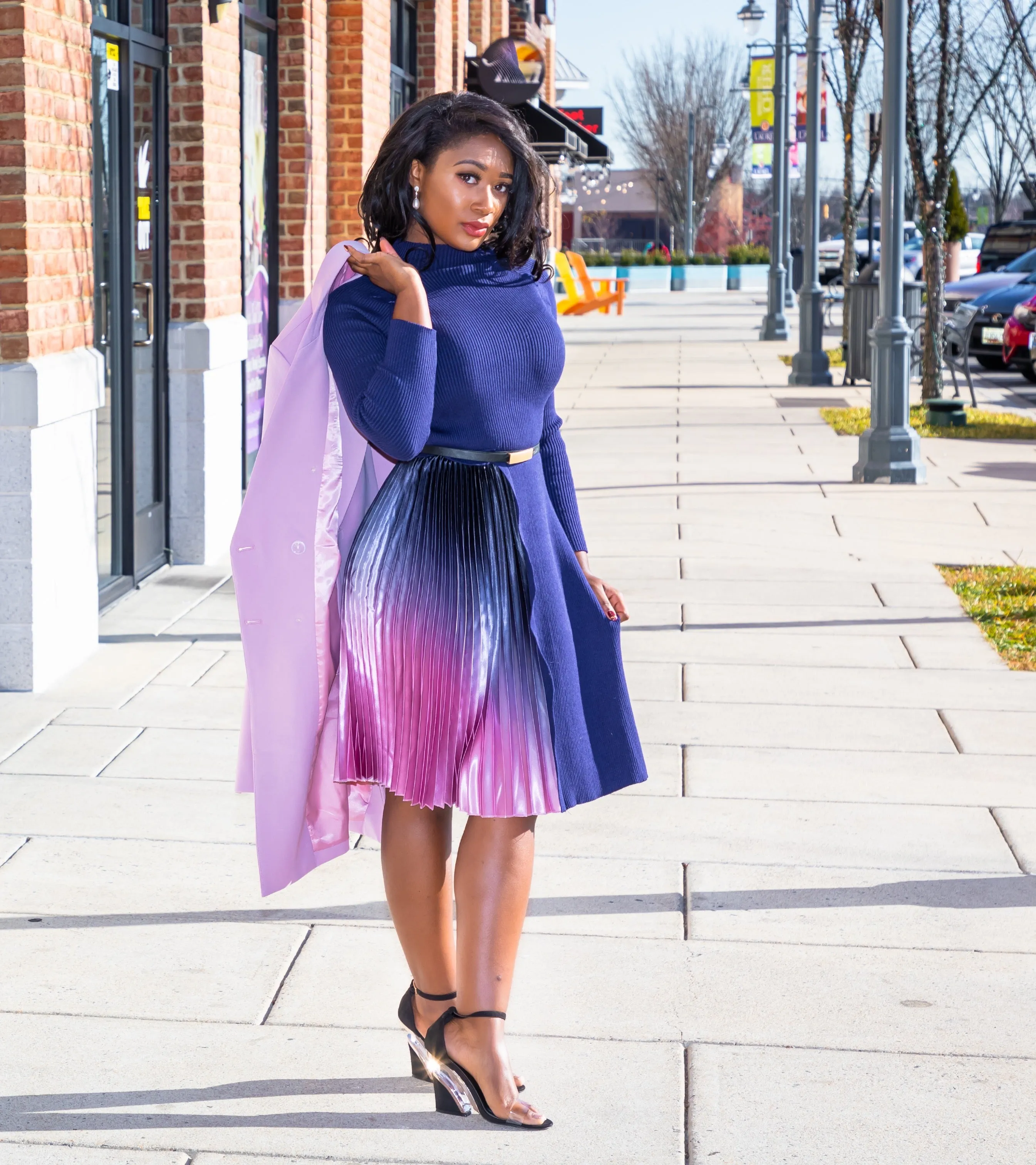 Blue Knitted Sweater Pleated Patchwork Gradient Ruffled Elegant Dress