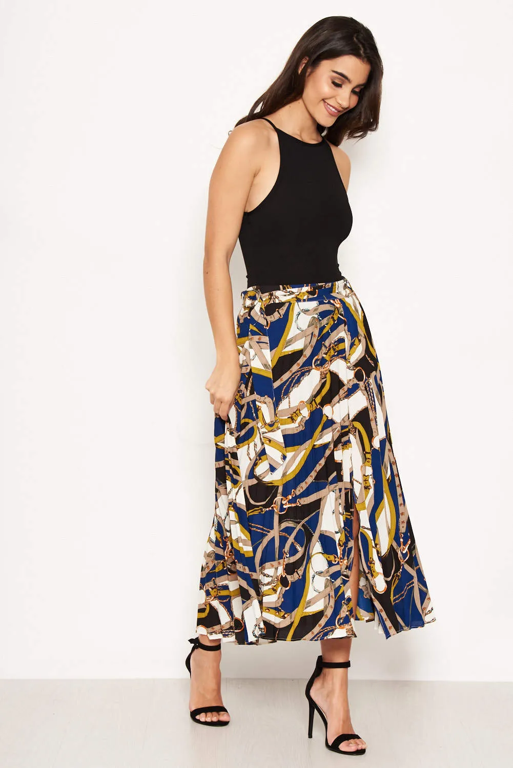 Blue Pleated Midi Skirt With Chain Print