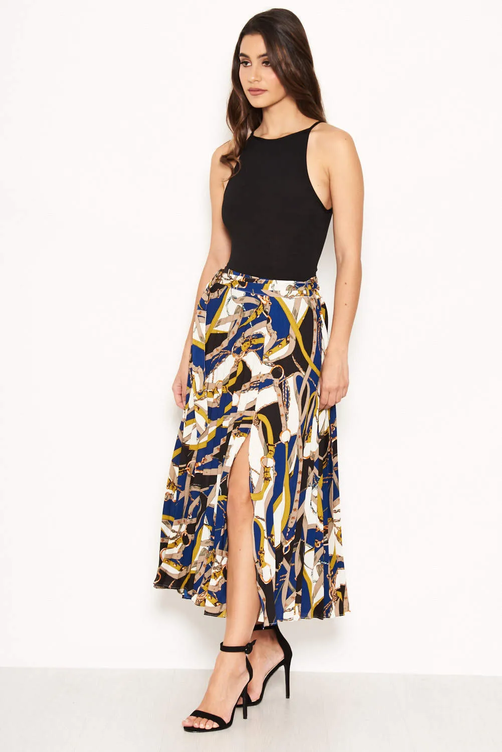 Blue Pleated Midi Skirt With Chain Print