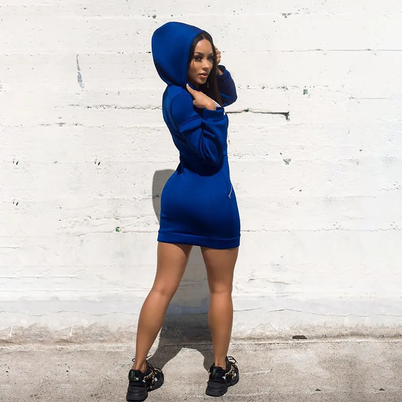 Blue Pocket Zipper Bodycon Long Sleeve Hooded Dress