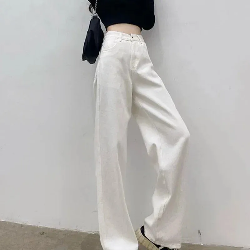 Bonnyshow Autumn Spring Jeans Women Denim Pants Vintage Straight Trousers Fashion Female White Black Solid Loose Casual Wide Leg Pants