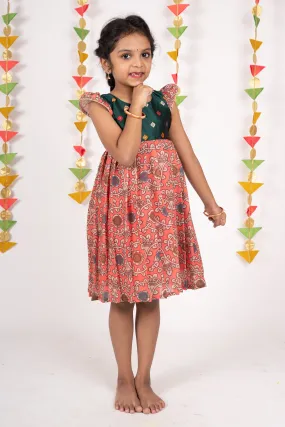 Bottle Green Yoke With Pink Kalamkari Designer Cotton Frock