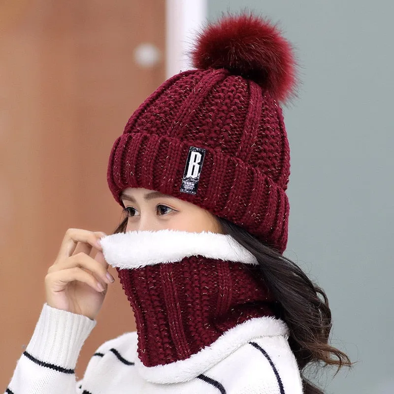 Brand Winter Knitted Beanies Hats Women Thick Warm Beanie Skullies Hat Female knit Letter Bonnet Beanie Caps Outdoor Riding Sets