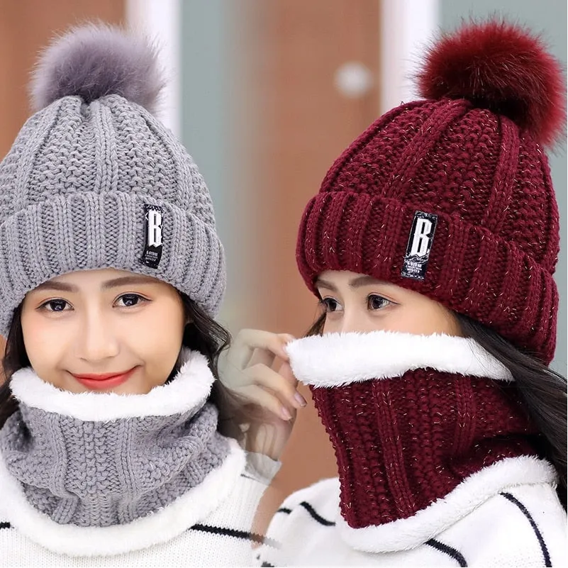 Brand Winter Knitted Beanies Hats Women Thick Warm Beanie Skullies Hat Female knit Letter Bonnet Beanie Caps Outdoor Riding Sets