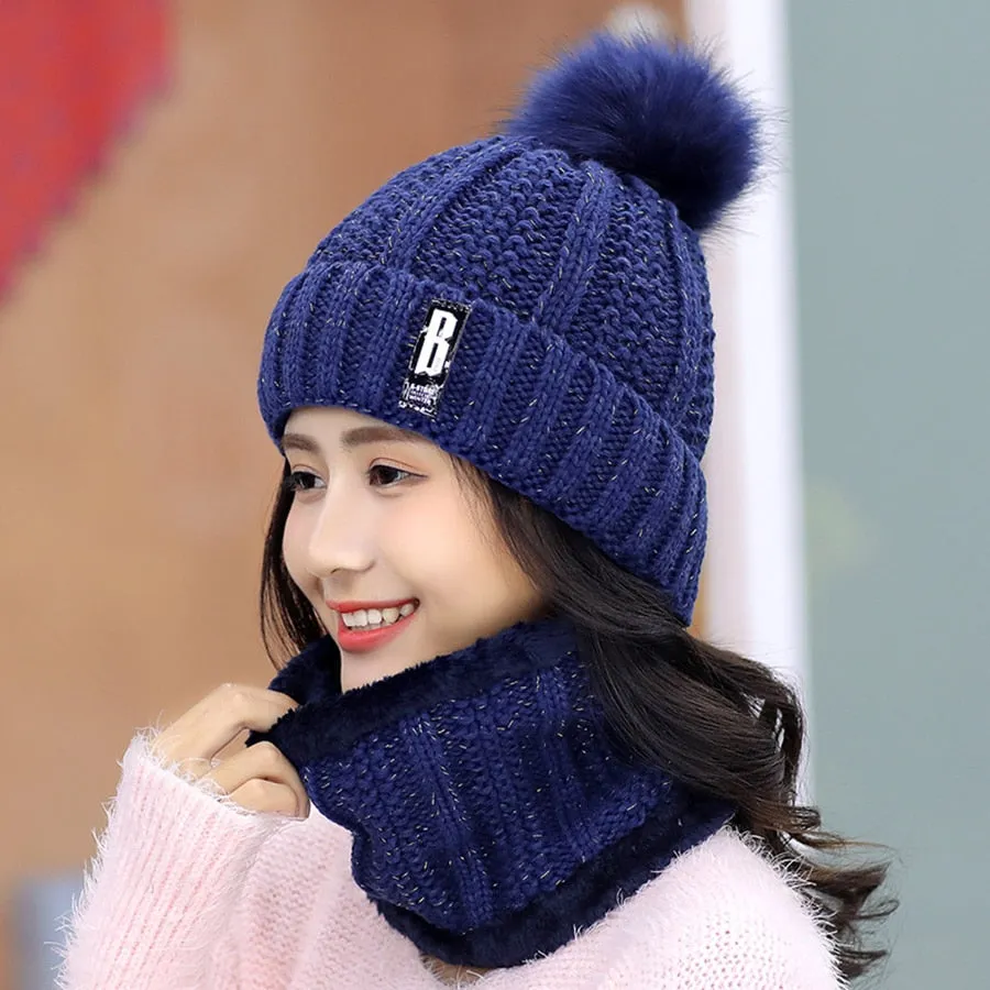 Brand Winter Knitted Beanies Hats Women Thick Warm Beanie Skullies Hat Female knit Letter Bonnet Beanie Caps Outdoor Riding Sets