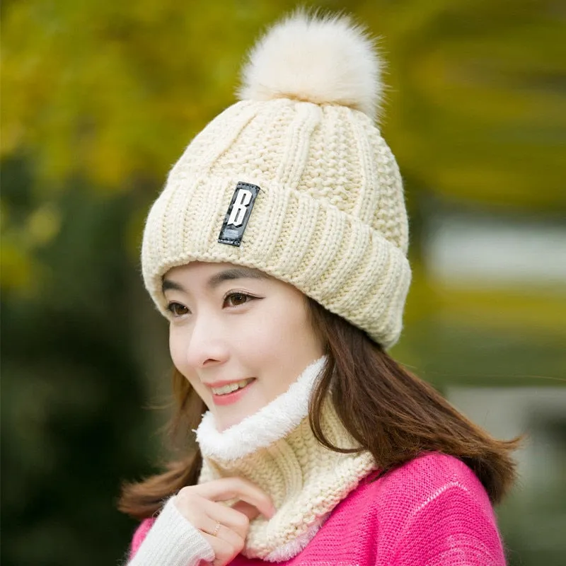 Brand Winter Knitted Beanies Hats Women Thick Warm Beanie Skullies Hat Female knit Letter Bonnet Beanie Caps Outdoor Riding Sets