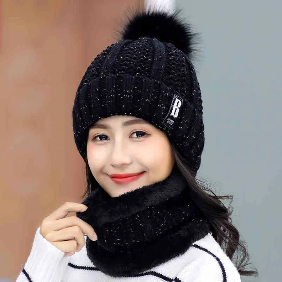 Brand Winter Knitted Beanies Hats Women Thick Warm Beanie Skullies Hat Female knit Letter Bonnet Beanie Caps Outdoor Riding Sets